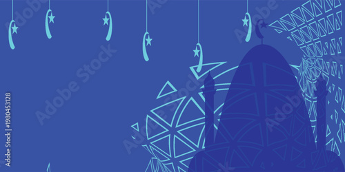 navy blue Islamic Background with Mosque Silhouette and Hanging Crescent Moon Stars for Ramadan,  Eid Mubarak dan Eid Al-Adha