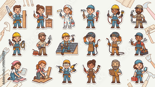 Professional worker characters set featuring teachers chefs builders scientists doctors and service staff in friendly cartoon style isolated on white background
