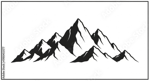 Monochromatic Mountain Range Silhouette with Jagged Peaks and Rocky Outcrops.