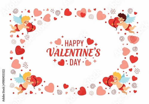 Whimsical cupid illustration, hearts, & joyful Valentine's Day wishes.