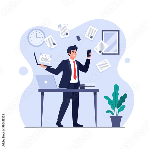 Flat vector illustration of a professional businessman in a suit juggling tasks at a desk with floating documents, using two laptops and a mobile phone in an office setting.