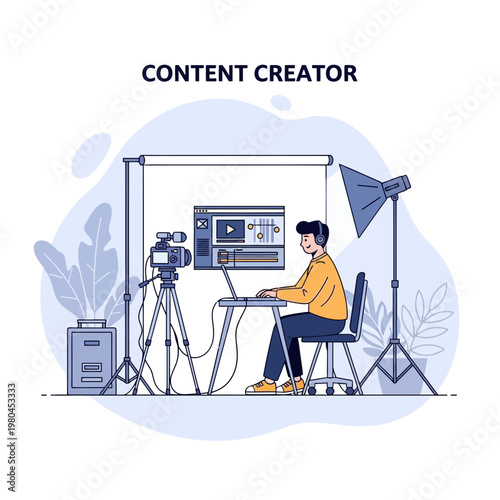 Flat vector illustration of a content creator sitting at a desk editing video on a laptop with studio equipment including a camera on a tripod, professional lighting, and backdrop.
