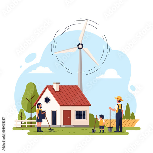 Flat vector illustration of a family gardening in front of a sustainable eco-friendly house powered by a large wind turbine with trees and a white fence under a blue sky.