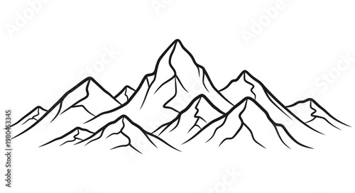 Detailed Line Art Illustration of a Mountain Range with Jagged Peaks.