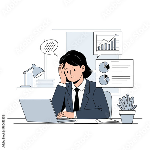 Female employee in a business suit sitting at an office desk with a laptop, looking stressed and confused by financial data charts, bar graphs, and pie charts in thought bubbles.