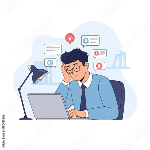 Flat vector illustration of a stressed office employee sitting at a desk with a laptop, overwhelmed by multiple digital notification bubbles and chat alerts overhead.