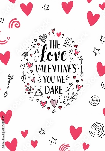 Hand-drawn illustration: Whimsical Valentine's hearts dance around 