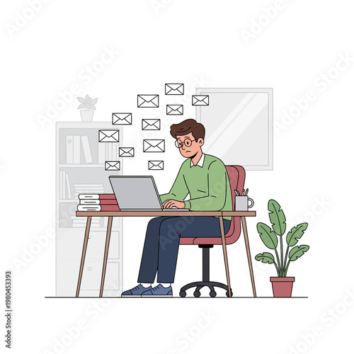 Man wearing glasses and green sweater sits at a desk using a laptop while numerous email envelope icons fly toward him, depicting a stressful workload in a flat vector art style.