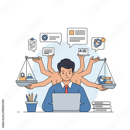 Flat vector illustration of a male professional with multiple arms multitasking at a desk with a laptop, holding scales, speech bubbles, and icons representing diverse project tasks.