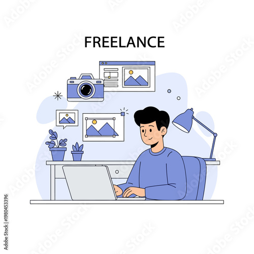 Male freelancer working on a laptop computer at a desk, featuring icons for photography, digital cameras, and image editing software in a flat vector illustration style.