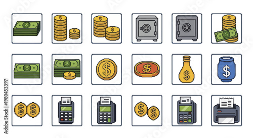 Collection of Business and Finance Icons with Money and Safes.