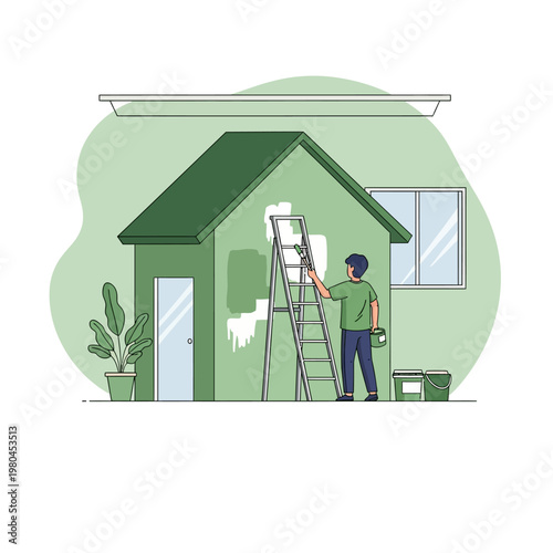 Flat vector illustration of a man standing on a ladder painting a green house structure with a brush and paint bucket, featuring interior elements like a potted plant and window.