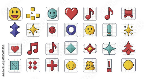 Collection of colorful emoji and symbol icons on white background.