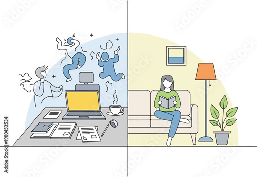 Illustration depicting the stark contrast between a man's stressful work environment and a woman's calm, relaxing leisure time at home.