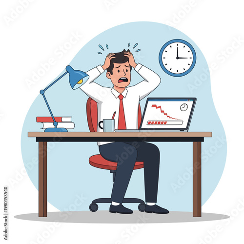 Vector illustration of a stressed businessman sitting at a desk panicking over a falling stock market graph on his laptop screen with a wall clock showing a looming deadline.