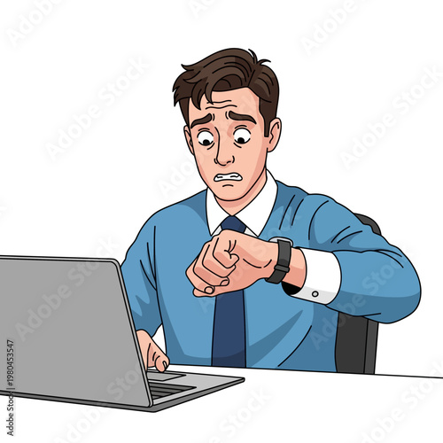 Worried office worker in a blue shirt and tie looking at his wristwatch while working on a laptop at a desk, vector illustration depicting time management and deadline stress.