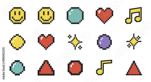 Collection of Colorful Pixel Art Emojis and Geometric Shapes.
