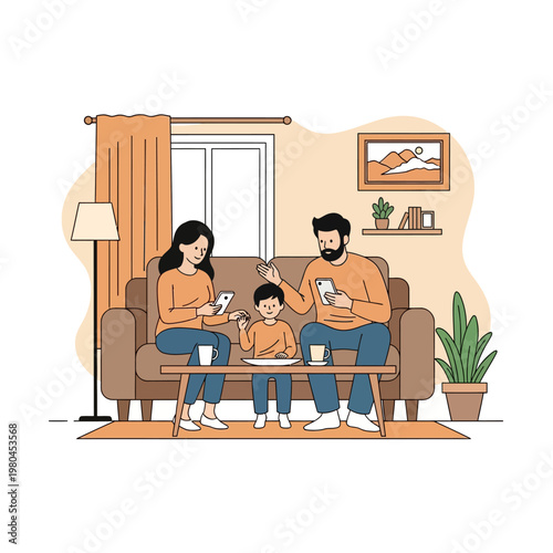 Flat vector illustration of a mother and father distracted by smartphones while sitting on a couch, ignoring their young son who is eating at a coffee table in a modern living room setting.