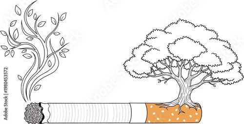 A thought-provoking outline drawing illustrating the dual impact of smoking on health versus the flourishing beauty of nature.