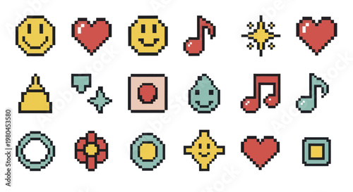 Collection of Colorful Pixel Art Emojis and Symbols.