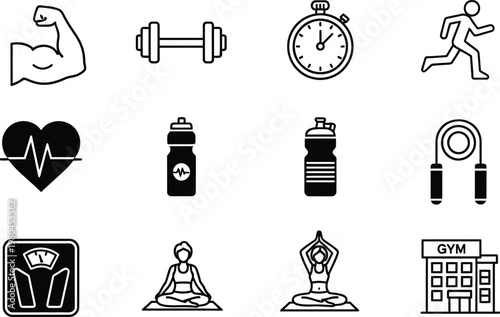 Fitness and gym outline icons set for health and exercise with water bottle jump rope graphic element exercise physical