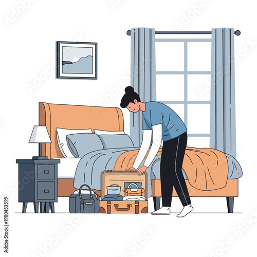 Flat vector illustration of a woman packing clothes into an open suitcase and travel bag in a bedroom next to a bed with orange and blue bedding, a nightstand, and a window.