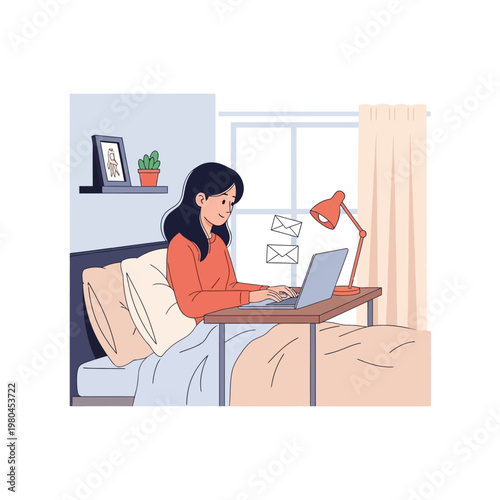 Flat vector illustration of a young woman sitting in bed working on a laptop computer on an over-bed desk with an orange lamp, pillows, and floating digital email message icons.