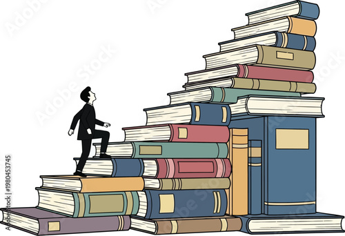 Ambitious man climbs a staircase crafted from stacked books, symbolizing the journey of continuous learning, personal development, and career advancement towards ultimate success.