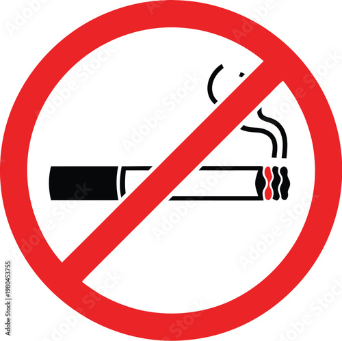 Universal red circular symbol showing a lit cigarette crossed out, clearly communicating no smoking is allowed in this designated area.