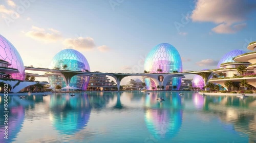 Futuristic cityscape with reflective water and glowing structures