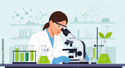 Female scientist examining plant sample under microscope in laboratory