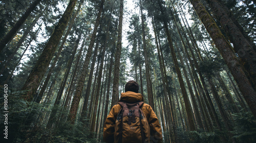 A person stands in a serene forest, surrounded by tall trees, immersed in nature's tranquility.