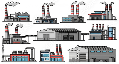 Collection of Industrial Factory Buildings with Smokestacks.