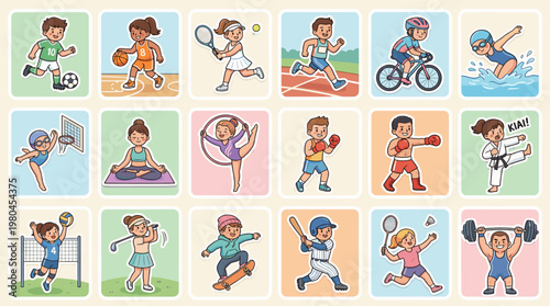 Sports kids characters set with children playing football tennis gymnastics baseball basketball and weightlifting in colorful cartoon style isolated on white background
