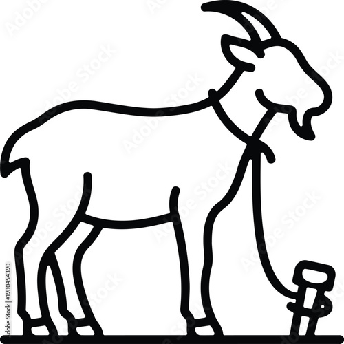 Goat tied with rope icon: livestock animal control symbol for Eid al-Adha qurbani preparation concept farm animal minimal outline vector