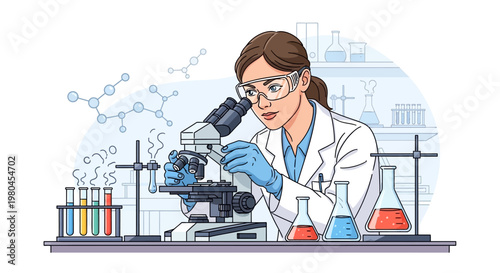 Female scientist examining sample under microscope in laboratory