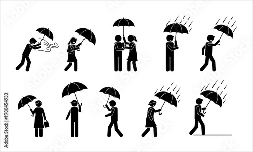 Diverse stick figure icons People with umbrellas in various weather and social situations