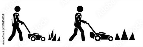 Graphic Stick Figures Depicting Routine Lawn Mowing Activities Outdoors