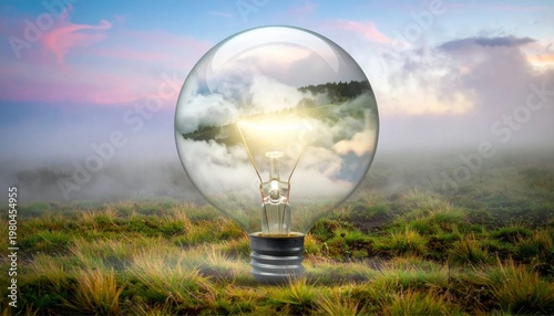 Enlightened Nature: Reflecting Sustainable Ideas within a Light Bulb in a Misty Field