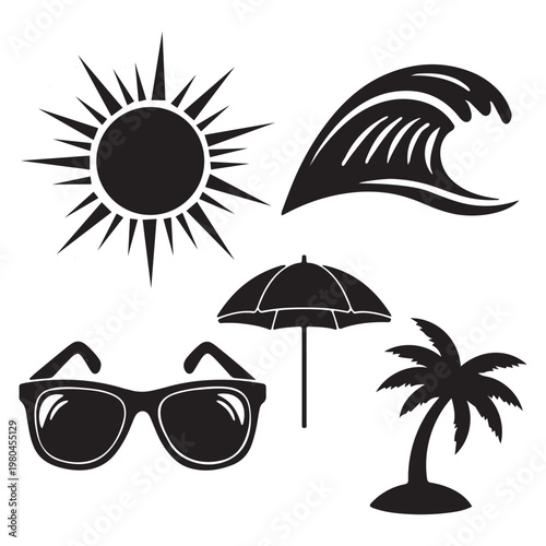 Black silhouettes of summer vacation icons on white background  sun wave umbrella palm tree sunglasses