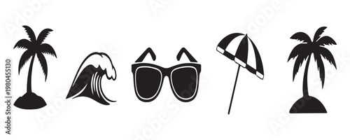 Black silhouettes of beach icons including palm trees and sunglasses on white background