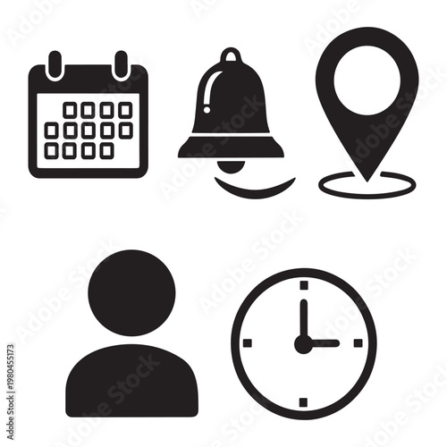Set of black icons for user interface design elements on white background