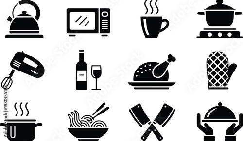 Kitchen cooking and food icons set with kettle microwave wine chicken knives pot noodles and utensils black silhouette vector illustration