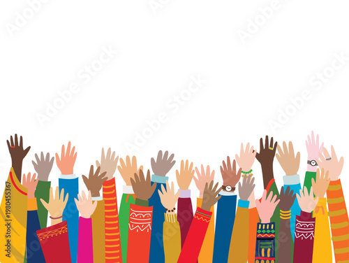 SDGs17色の世界の人々の挙手フラットイラストとハートフラット