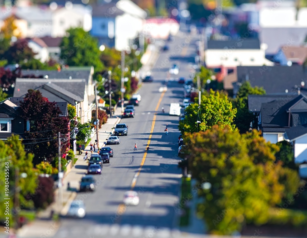 Obraz premium Suburban Street with Tilt-Shift Effect on a Sunny Day.