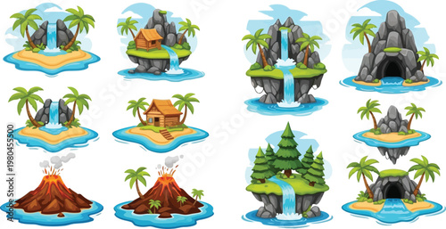 Fantasy Island Landscape Vector Set with Tropical Islands, Waterfalls, Volcano, Cave and Floating Land Elements for Game Design and Adventure Illustration