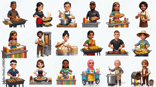 Food vendors and cooks characters set featuring chefs bakers and street food sellers with colorful dishes and cooking tools in playful cartoon style