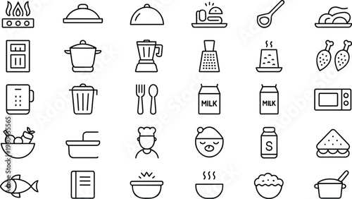Kitchen cooking and food preparation line icons set minimal outline style for recipe apps menus restaurant and home use