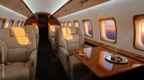 Luxury aircraft interior featuring seating and table with sunset view