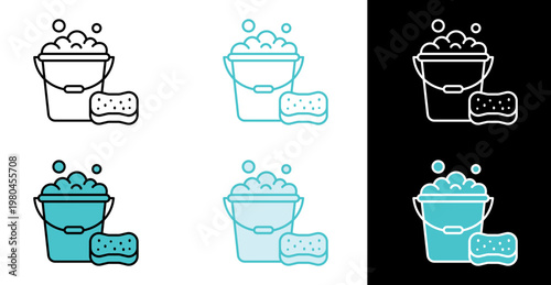 Soap bucket with sponge icon for household cleaning and hygiene in line and fill style